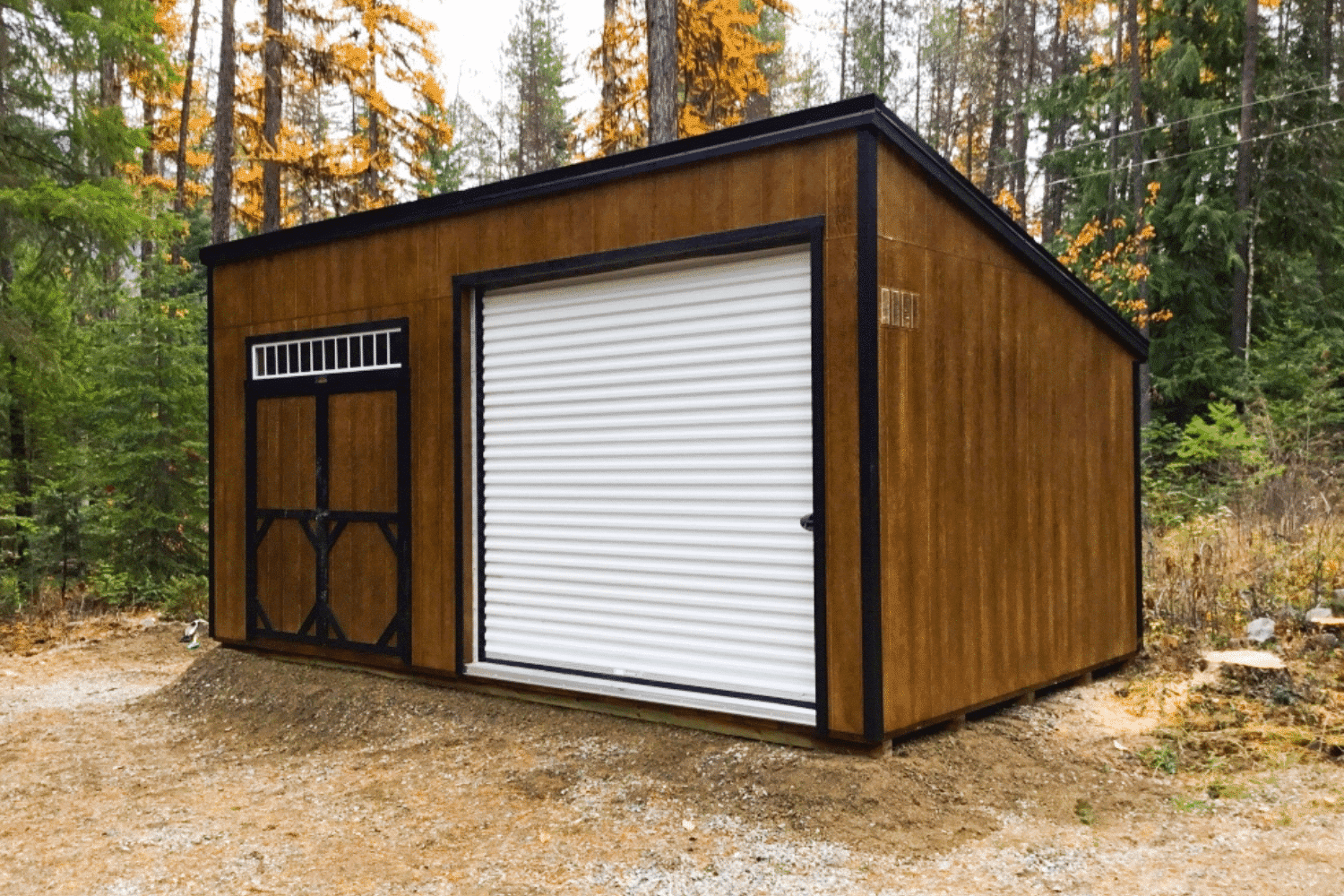 12x14 mono slope brown shed with garage and doors