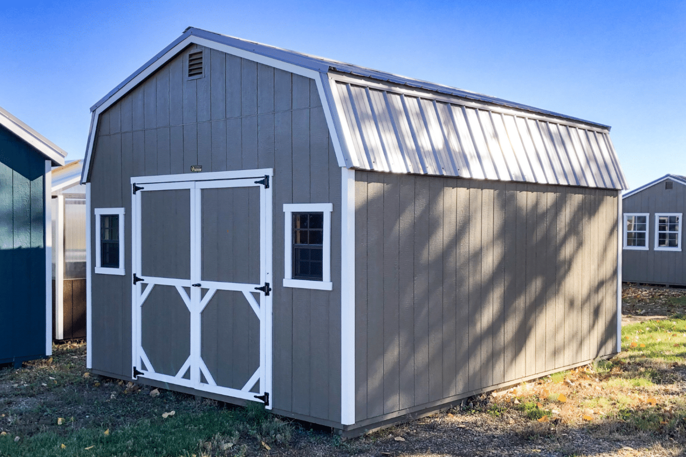 12x16 grey and white hi side shed with double doors