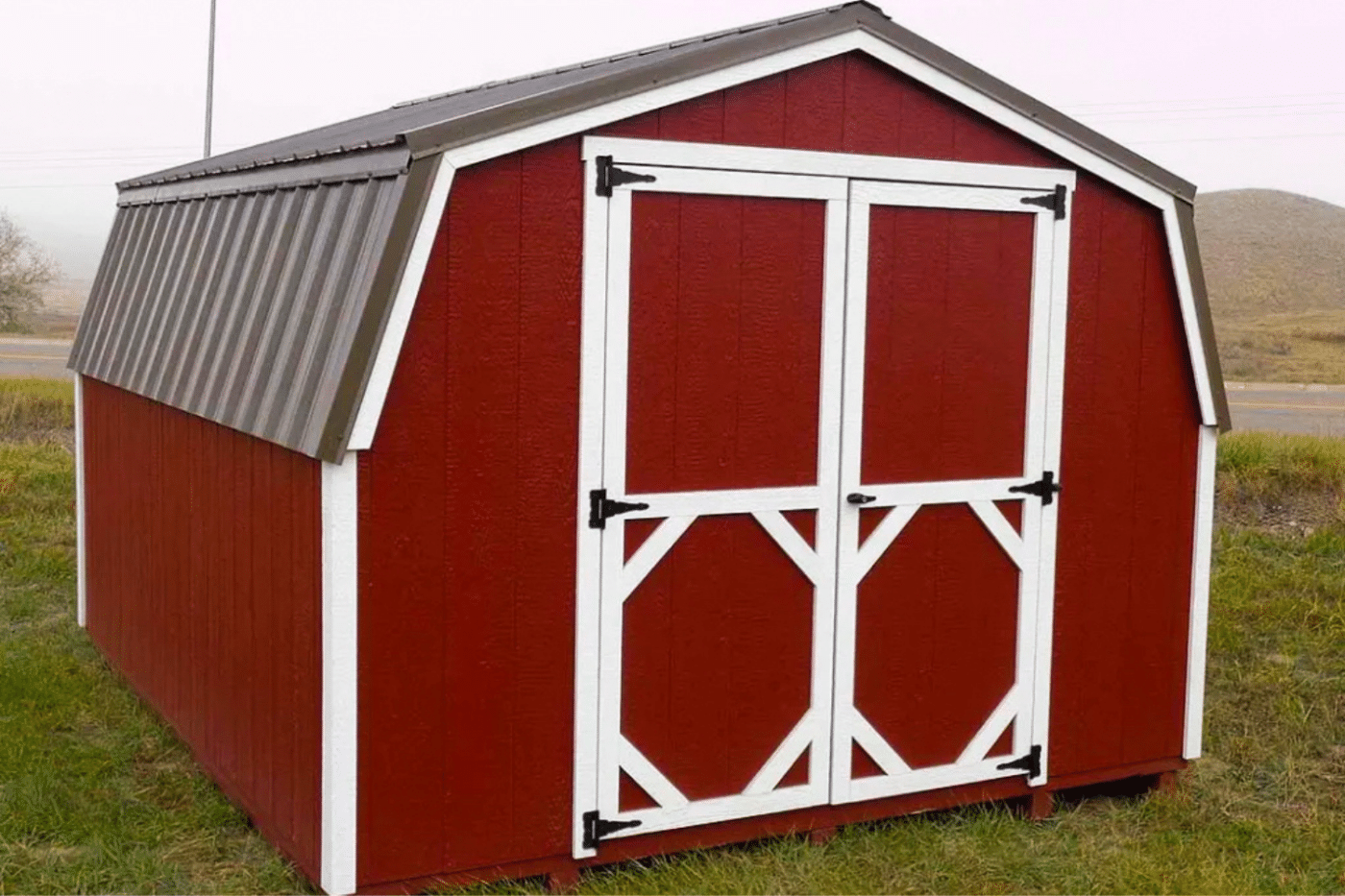 12x16 red and white lo wall shed with double doors