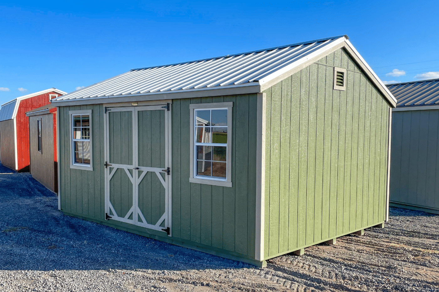 12x24 green and white a frame shed with double doors and windows