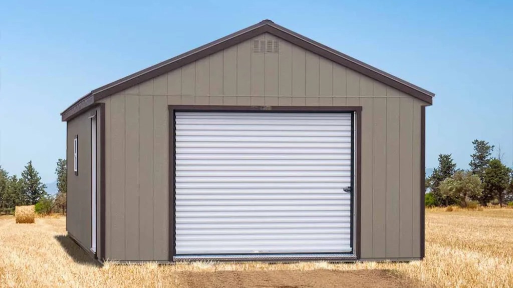 a frame garage in field