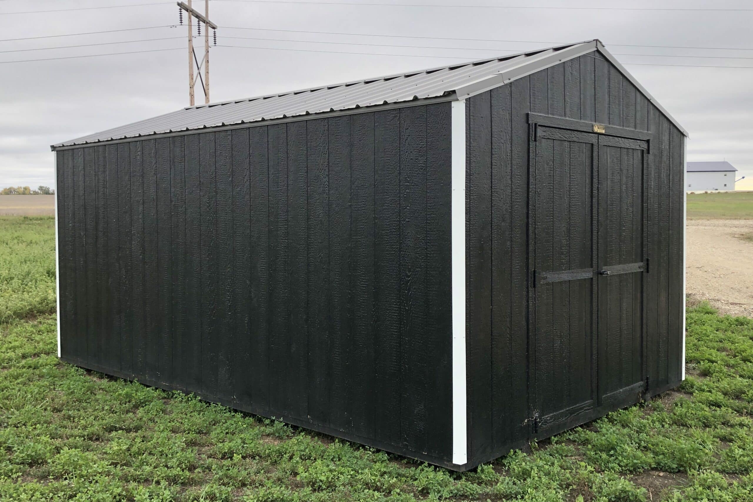 black economy shed with white trim and gray metal roofing