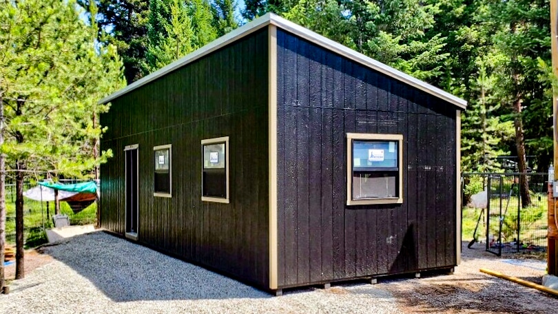 black mono slope shed with tan trim three and three windows