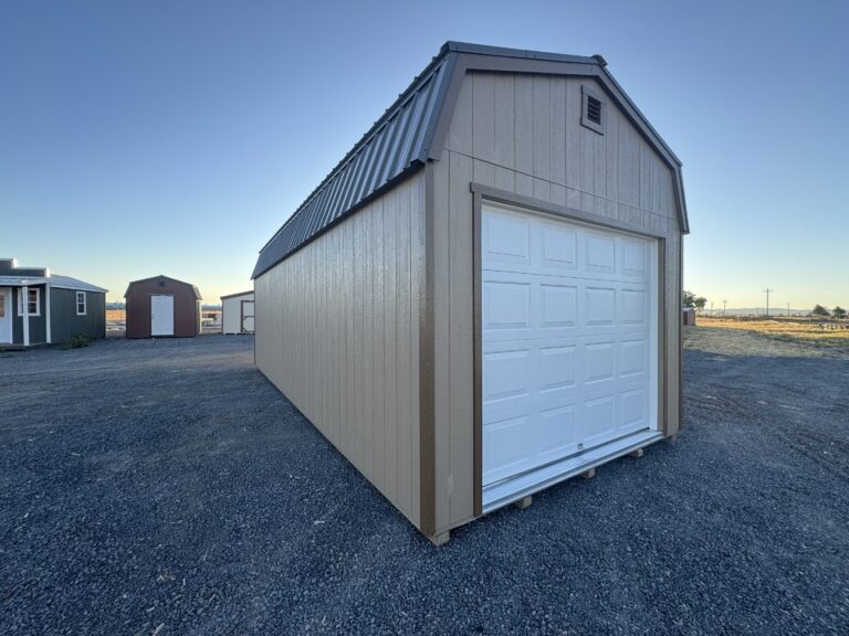 bucksin t-11 sided 12x28 Hi-Side Garage in Albany OR with chestnut brown trim and a burnished slate metal roof with a 9x7' white overhead garage door