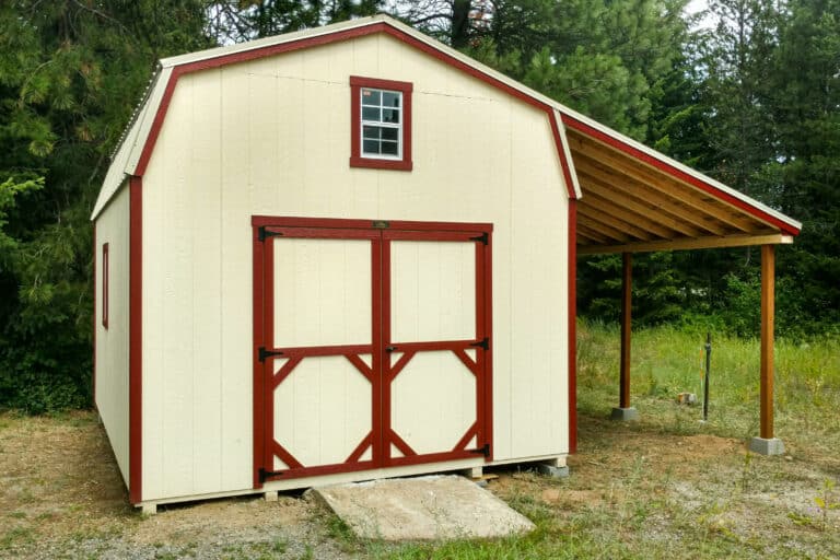 cream hi side shed with red trim and side overhang built altering obtaining shed permits in Washington